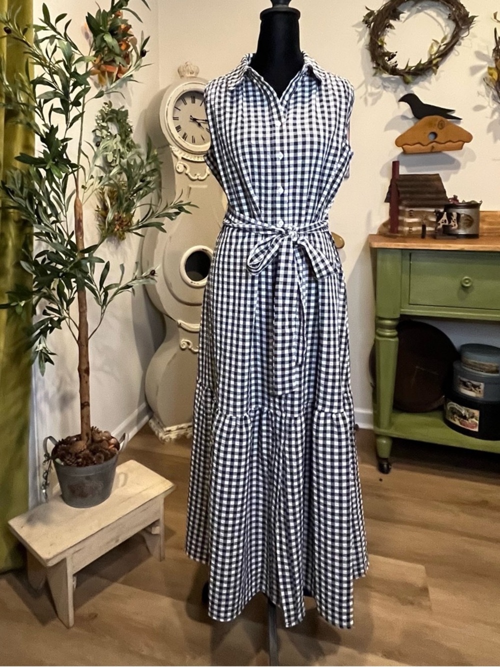 NWOT Tommy Hilfiger Black/White Gingham Belted Midi Shirt Dress Sz 4